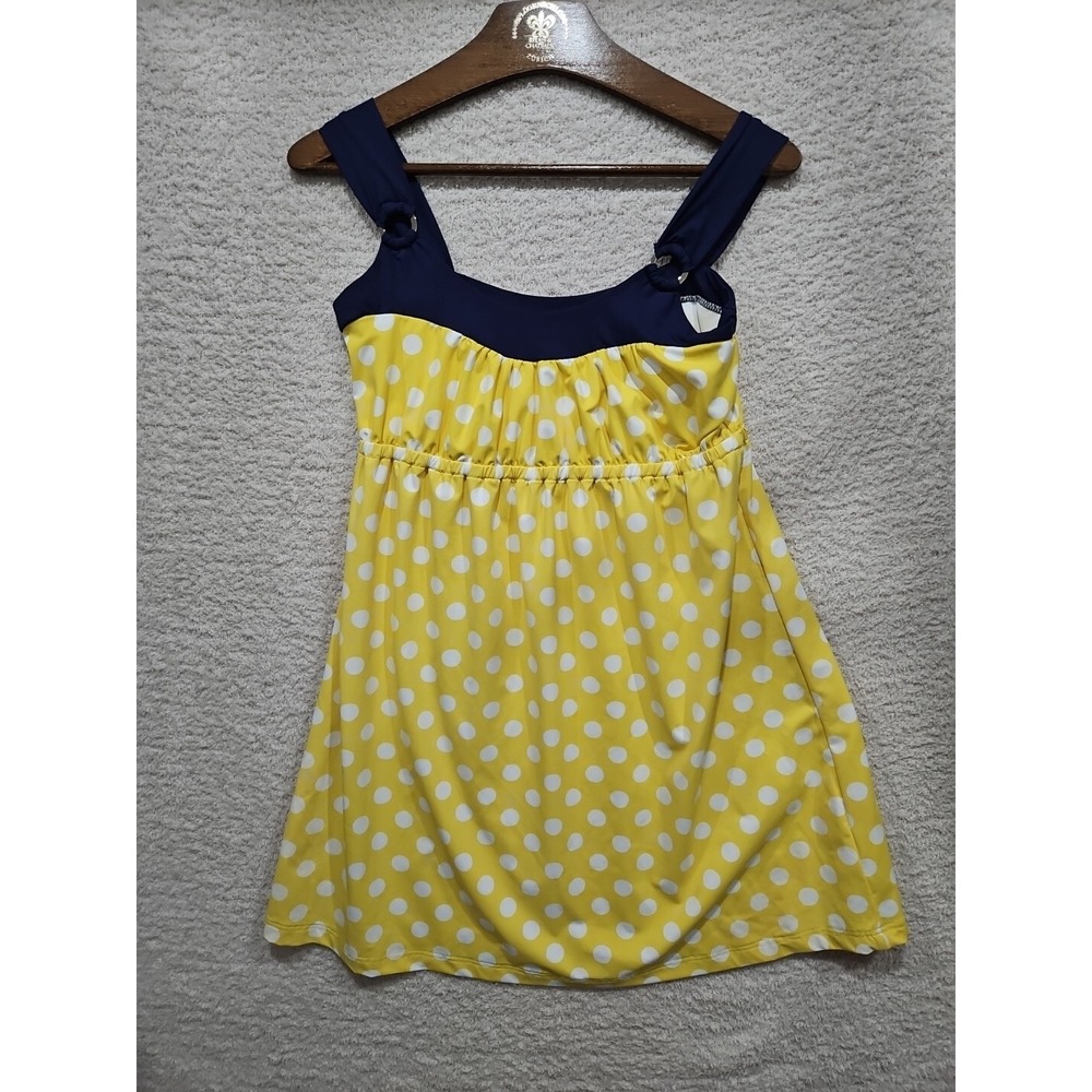 Tommy Hilfiger Sz M YELLOW/ Navy White Polka Dot Swim Dress - Picture 2 of 12